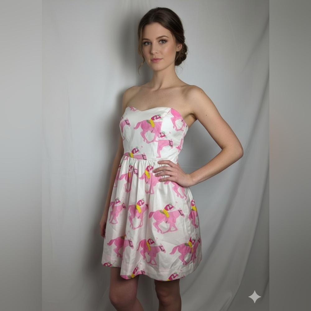 La Roque 6 White Pink Horse Jockey Strapless Mini Dress